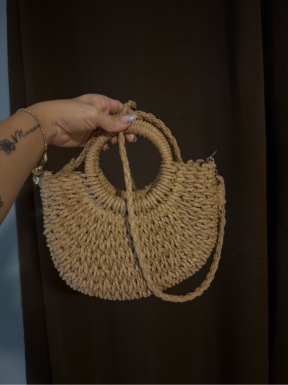 SHEIN Natural Woven Round Handle Mini Straw Bag